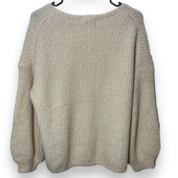 Boden Beige V-Neck Chunky Knit Sweater Metallic Accents One Size Pullover 6 - Picture 5 of 8